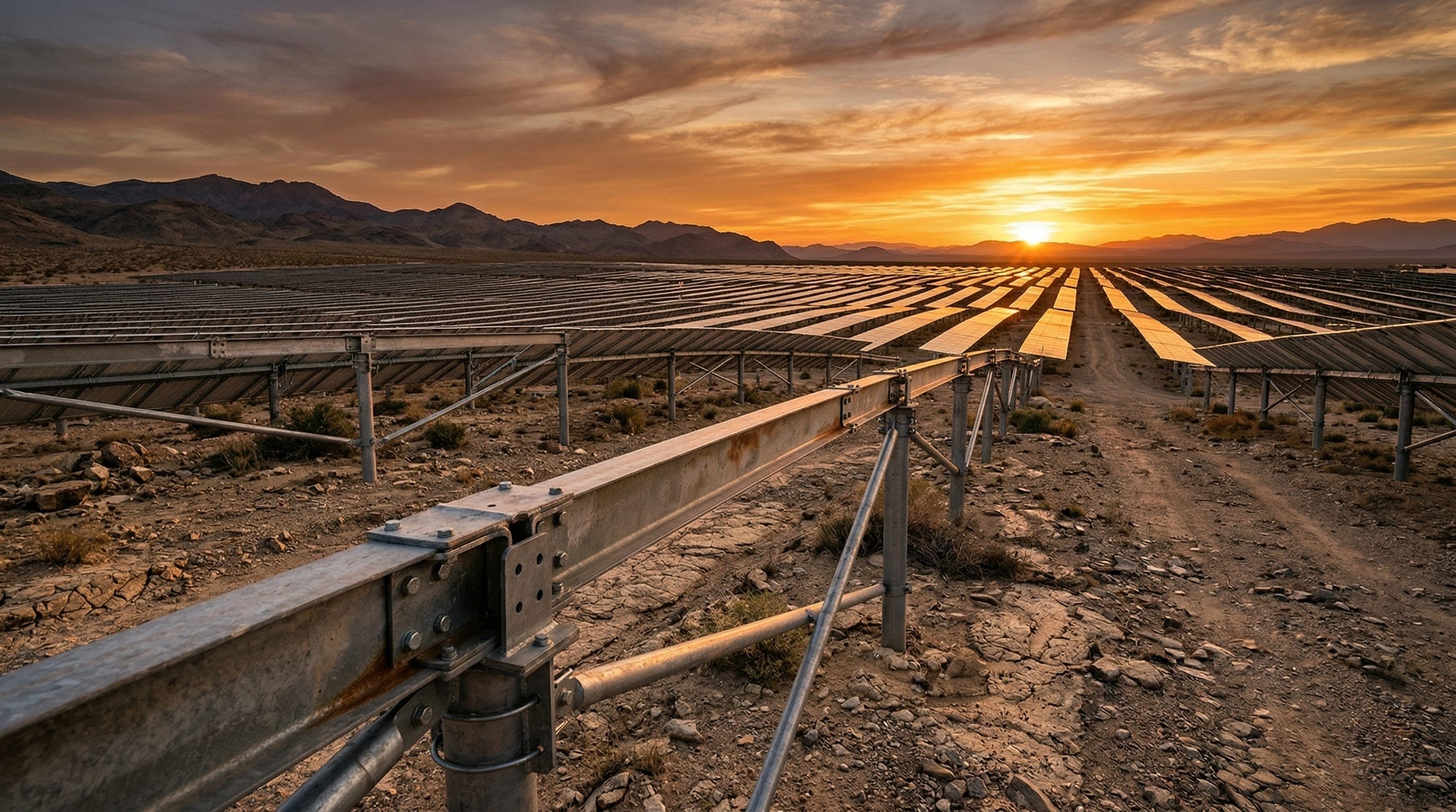 Massive solar panel farm built on heavy galvanized steel structures in a desert