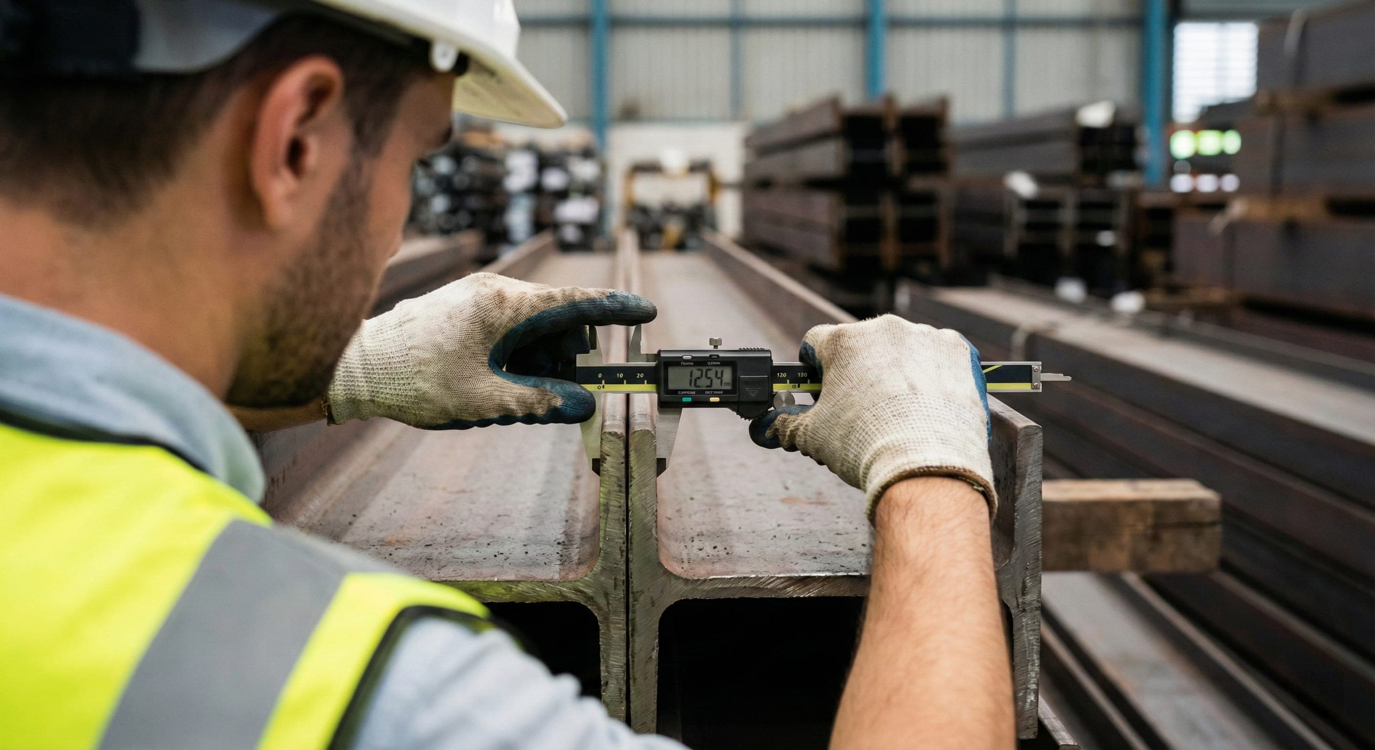 Engineer using vernier calipers to measure steel beam flange thickness