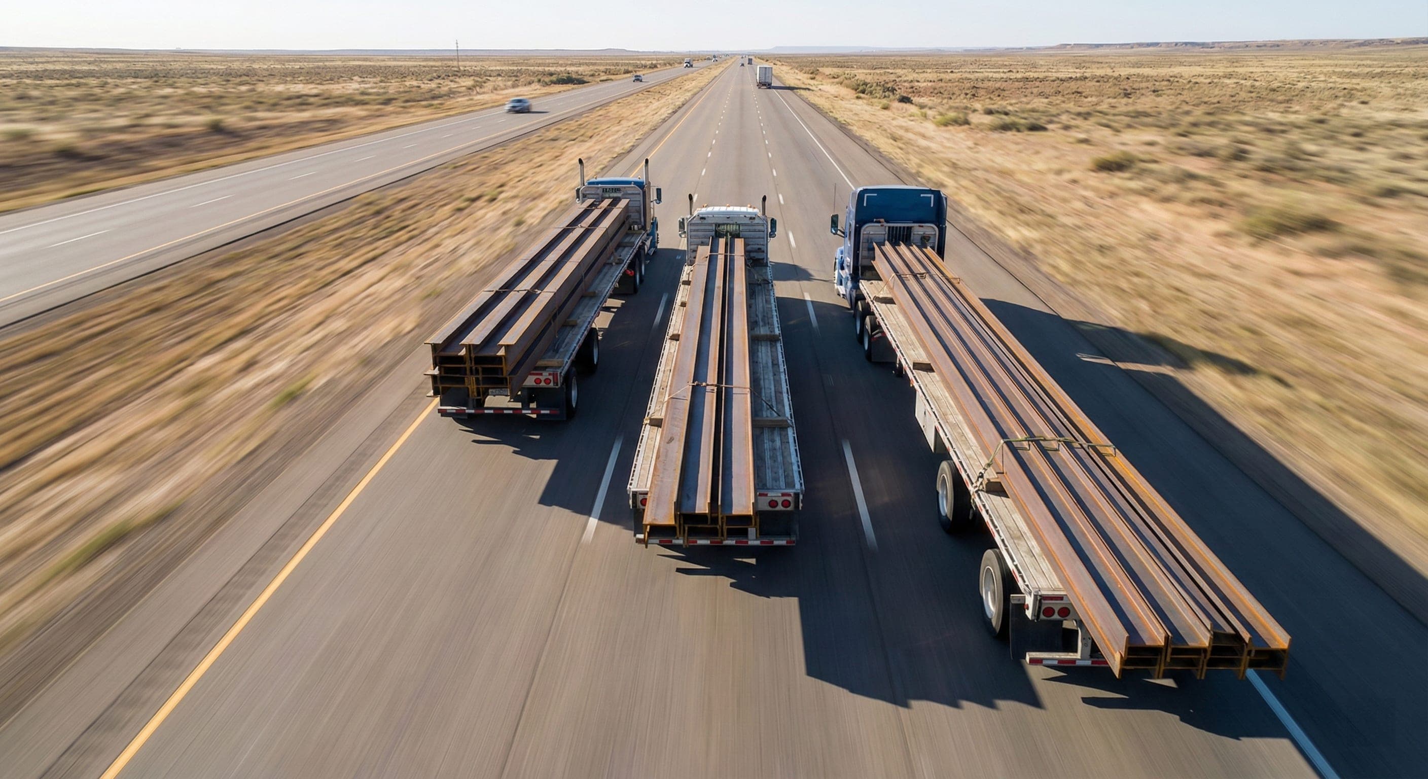 Convoy of flatbed trucks carrying heavy steel beams on a highway