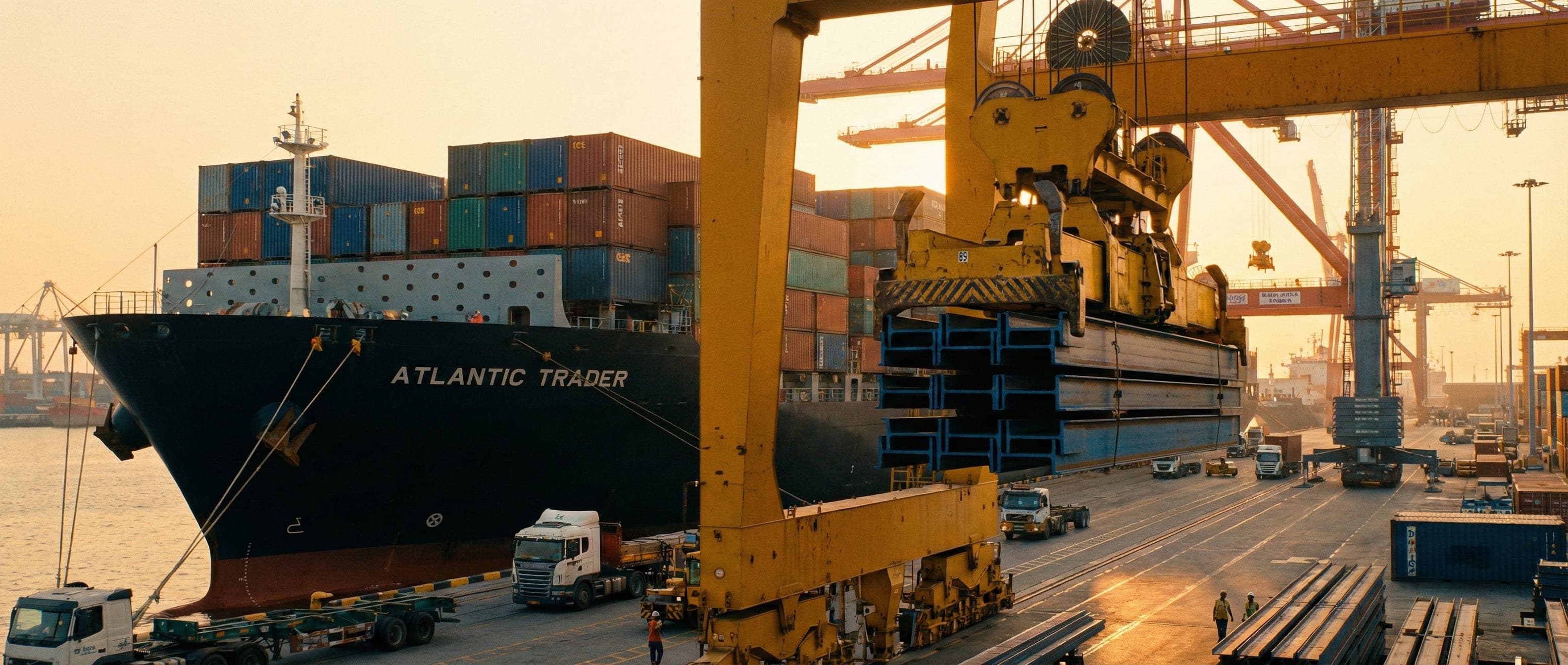 Cargo ship at Mundra Port loading steel beams for UAE export