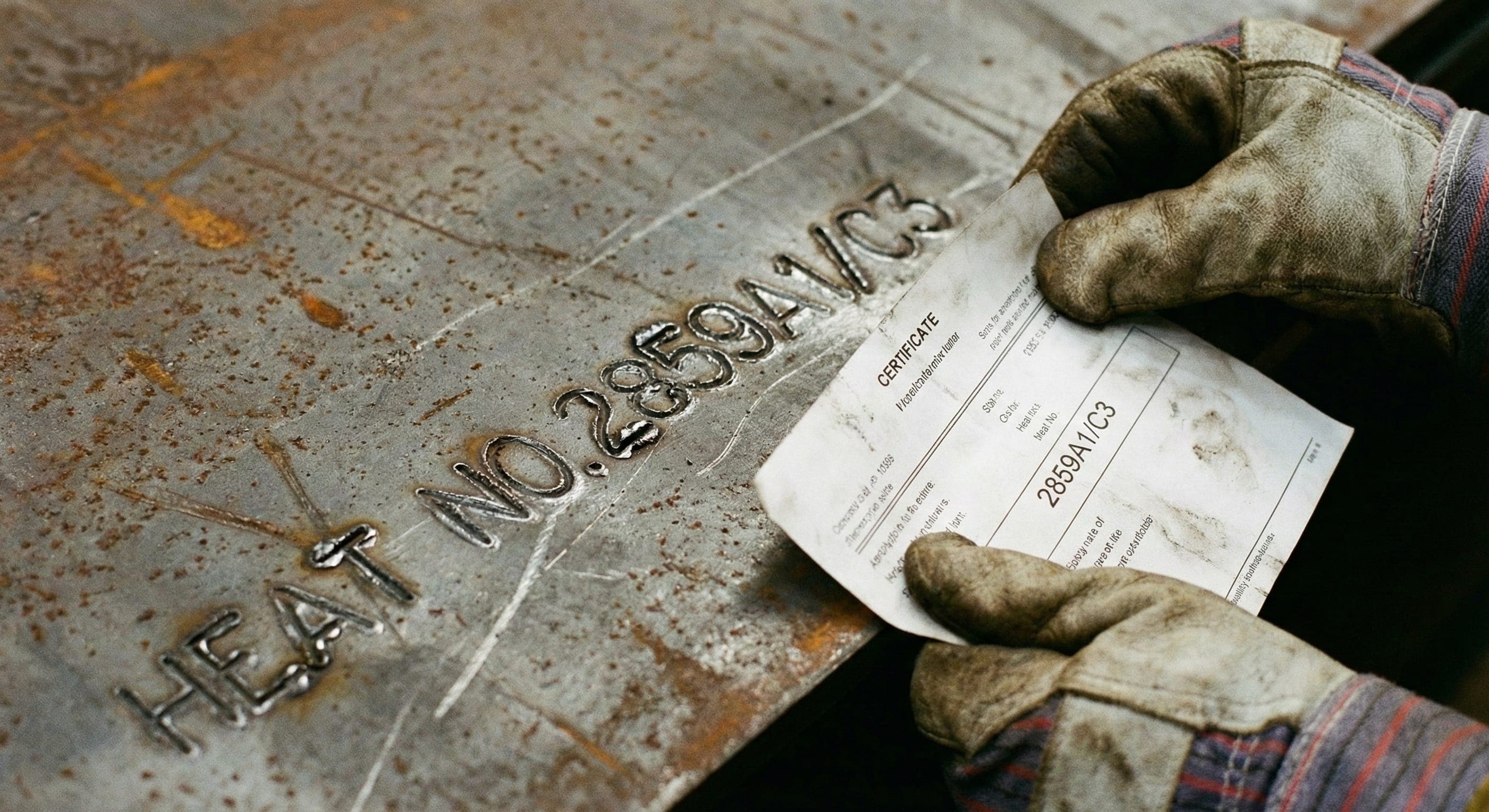 Inspector checking Heat Number stamped on steel plate against MTC