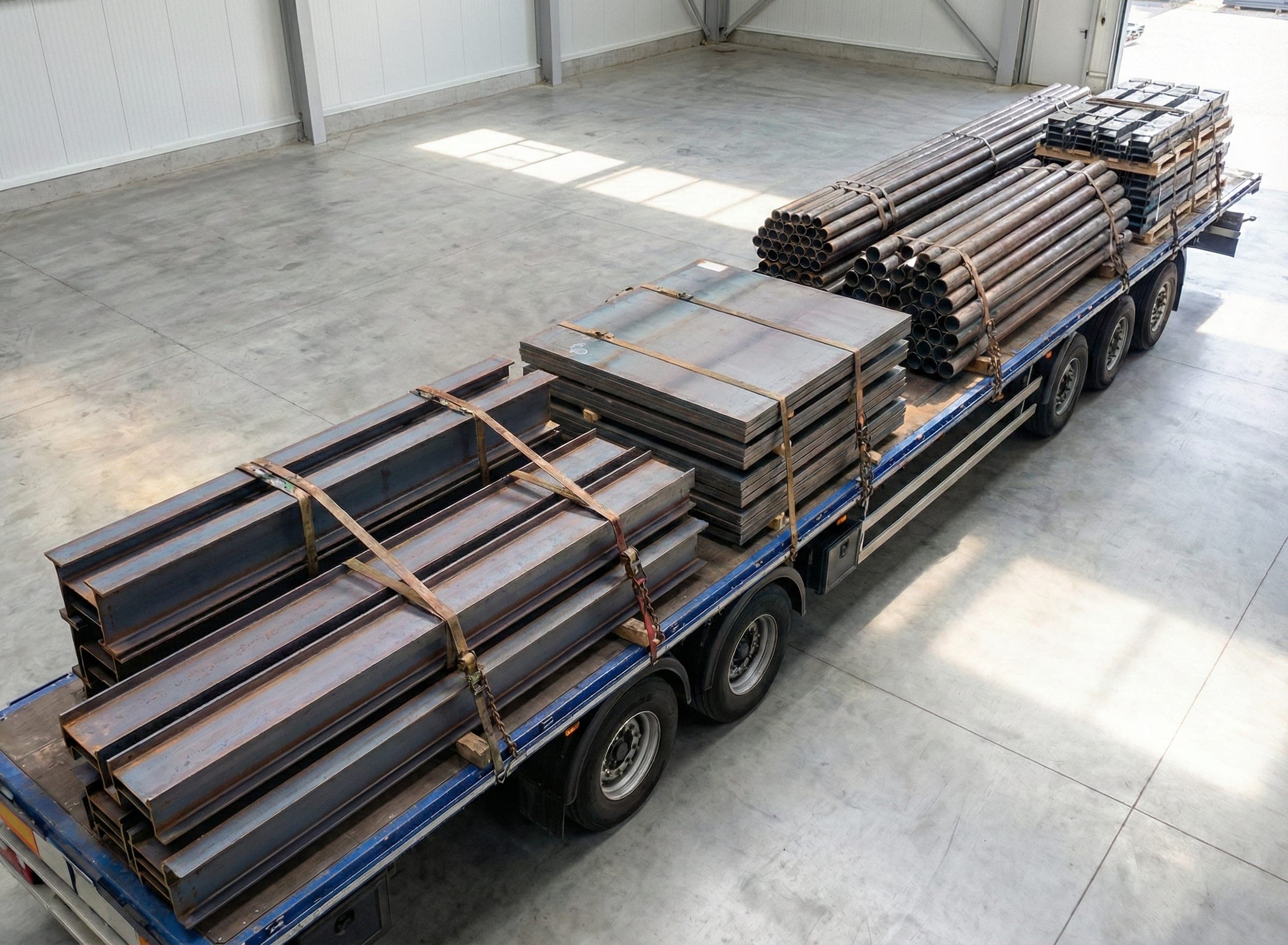 Mixed load of steel beams, plates, and pipes on a single trailer