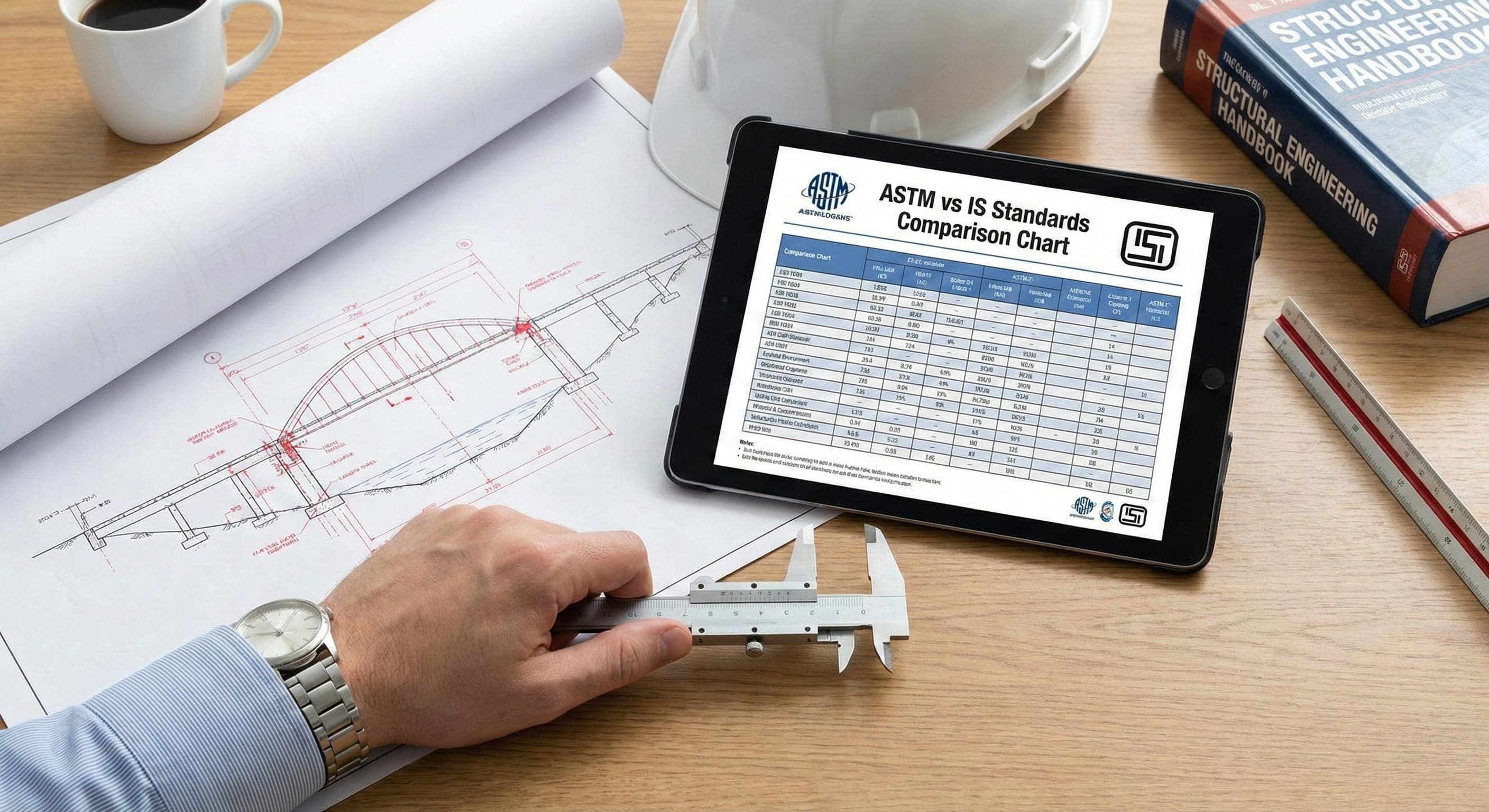 Engineer comparing ASTM and IS steel standard charts on a tablet