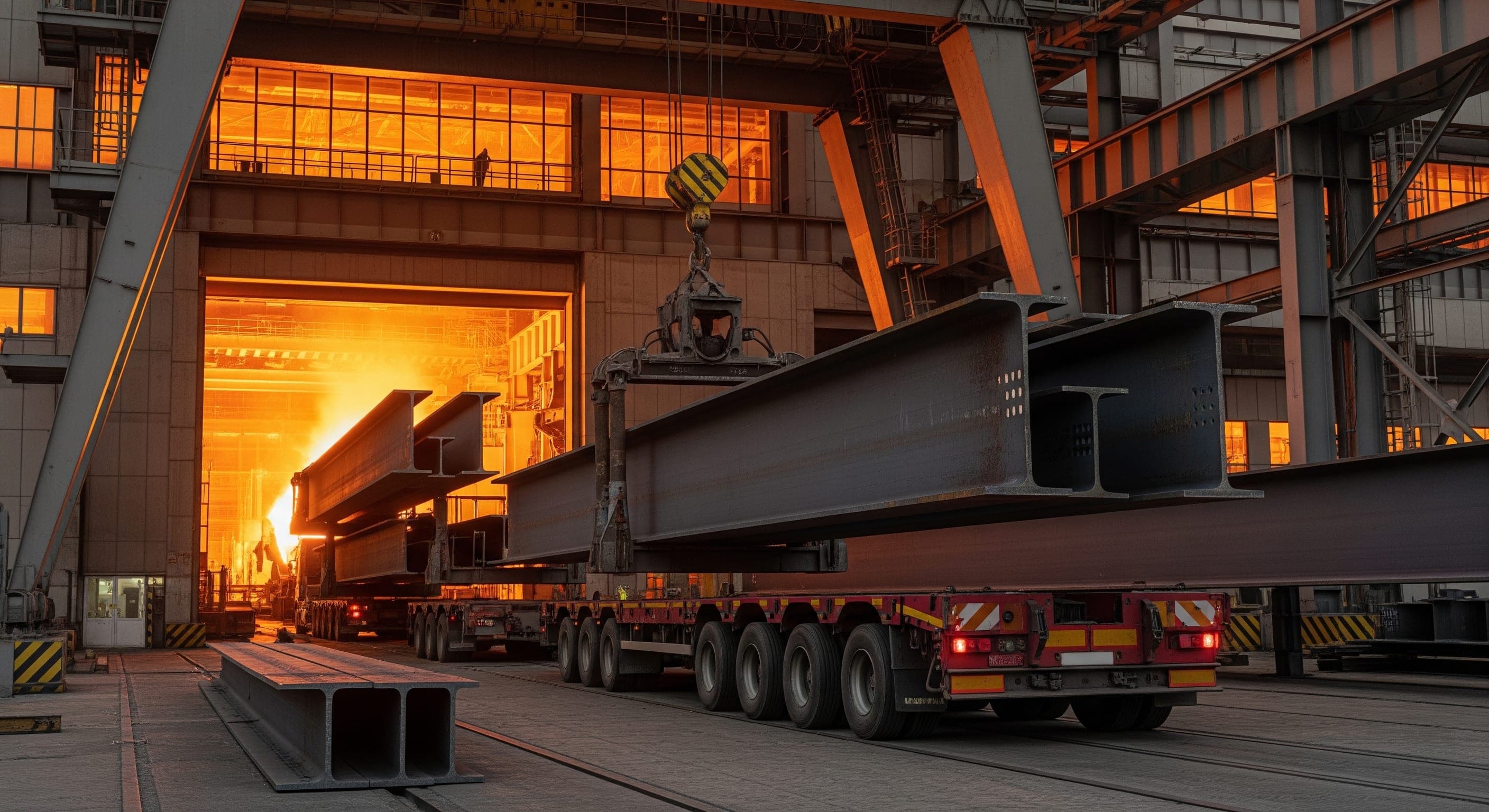Heavy structural steel being loaded directly from a steel mill onto flatbed trucks