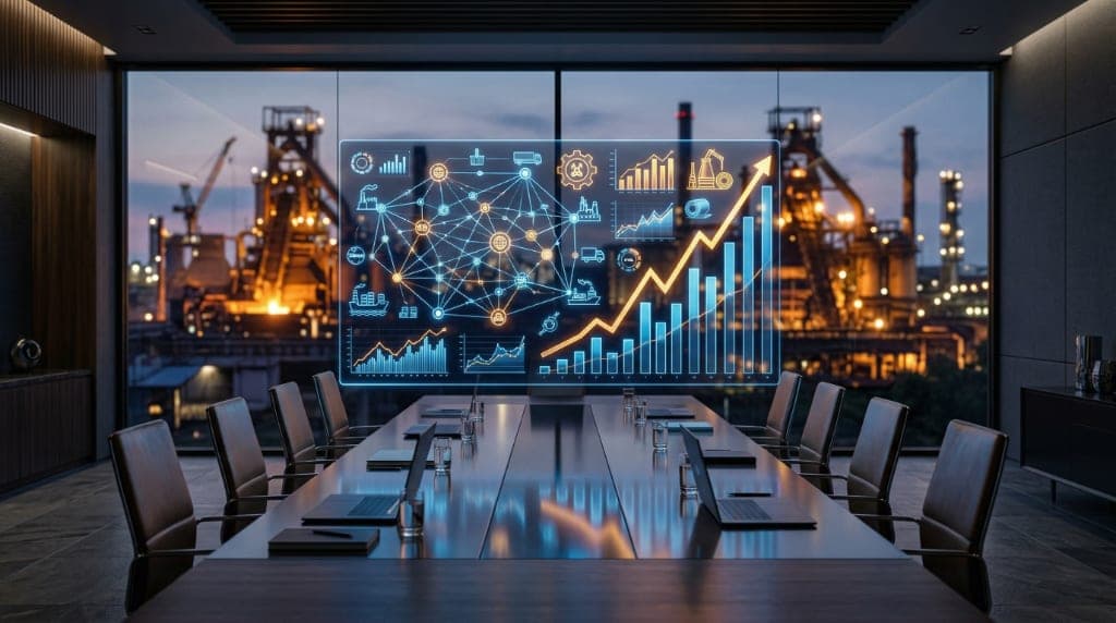Business executives analyzing steel market supply charts on a digital screen