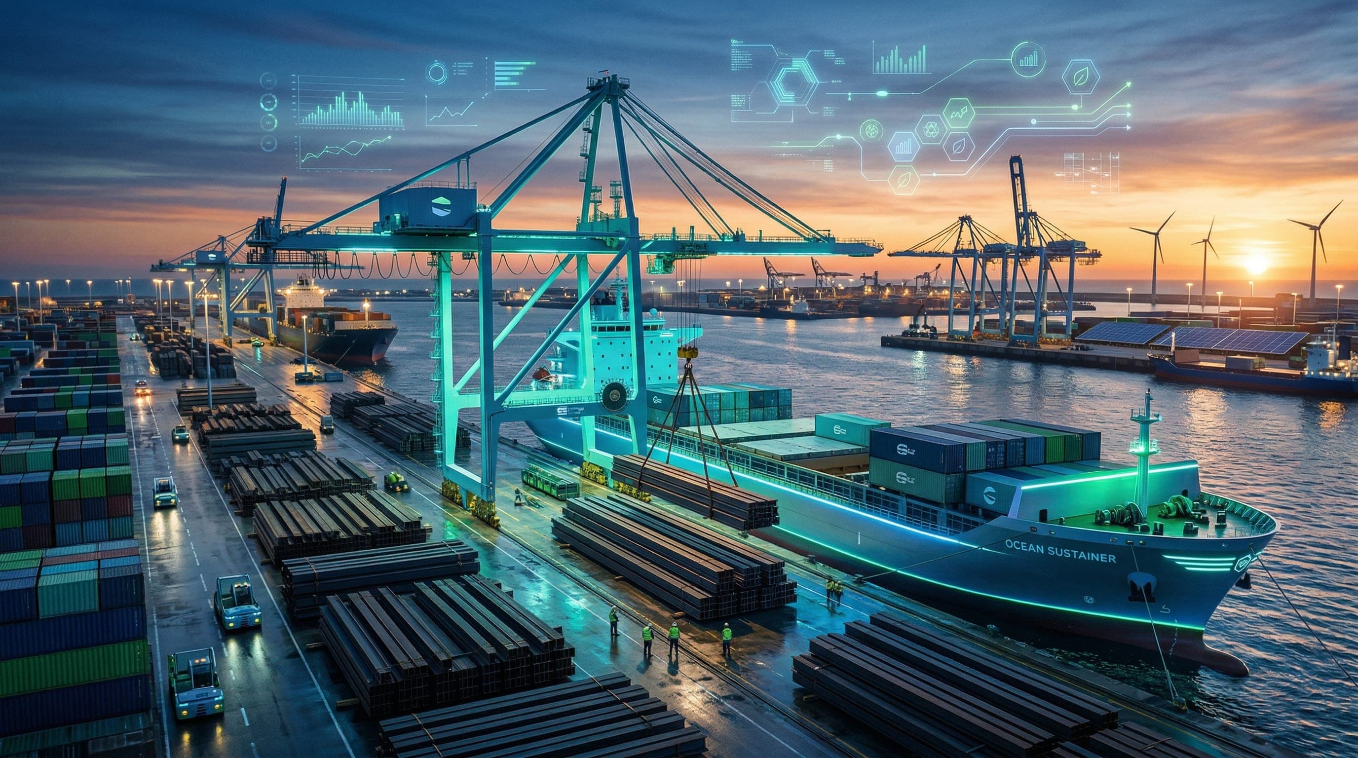 Cargo ships at a highly modern, eco-friendly industrial port at dawn