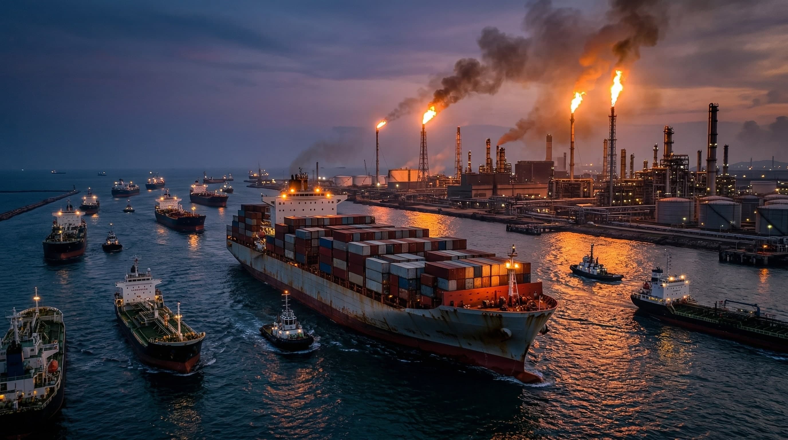 Commercial cargo ship navigating a dramatic, congested maritime strait at dusk