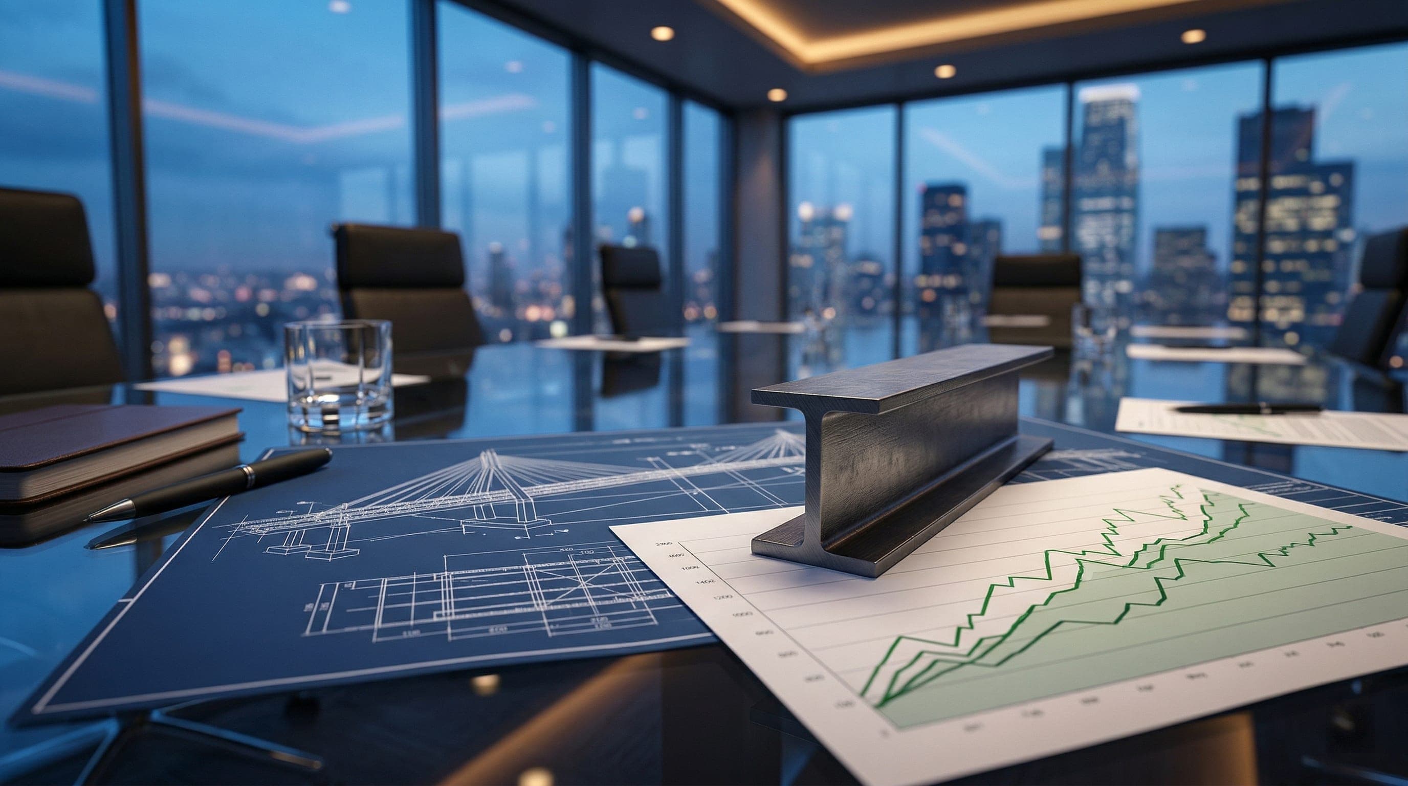 Corporate executives analyzing financial charts and steel supply contracts