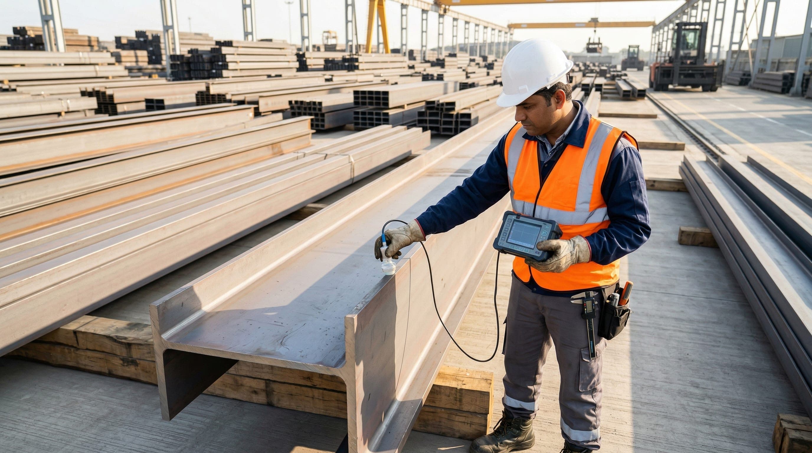 Quality control inspector examining heavy structural steel beams with testing equipment