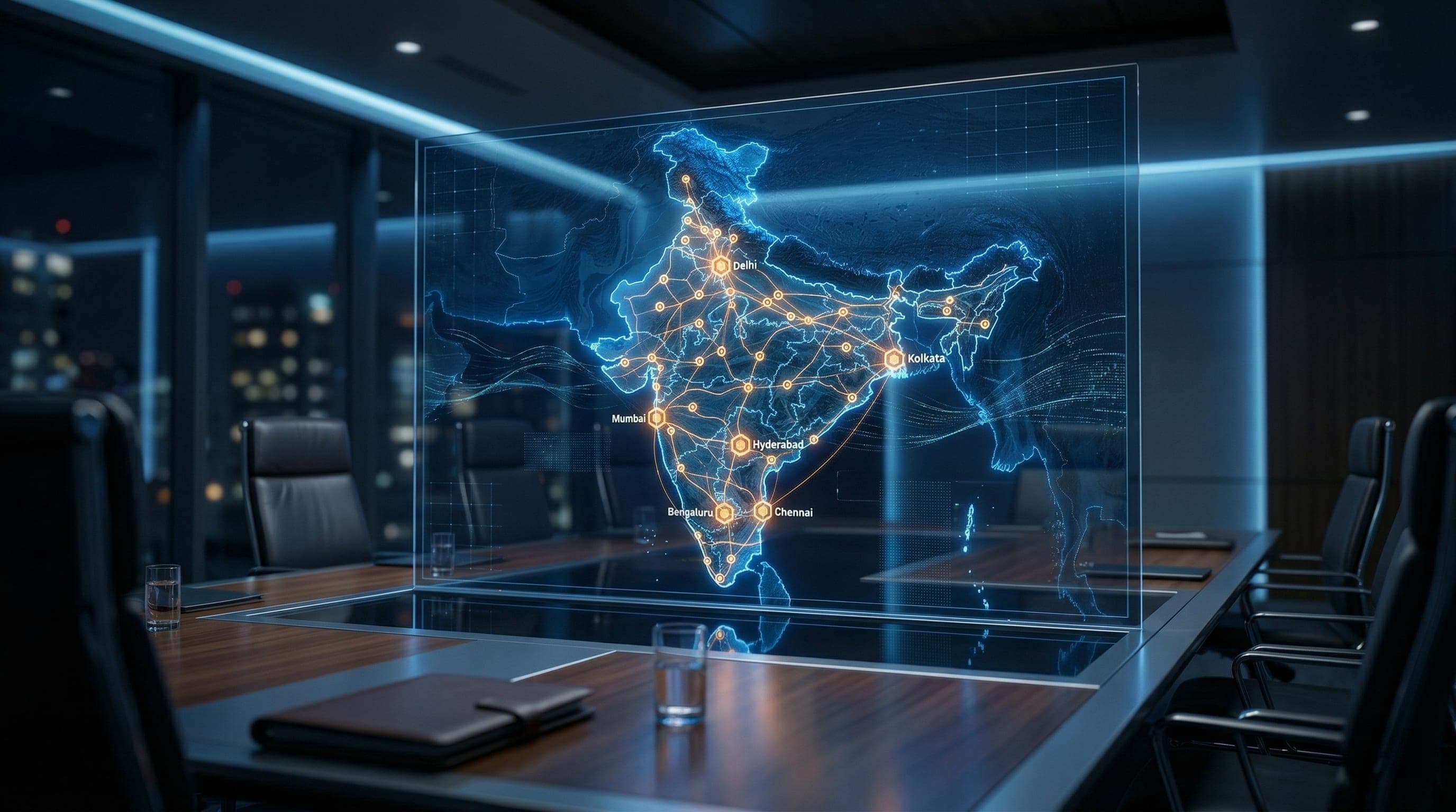 A digital map of India glowing with interconnected logistics routes and supply chain nodes