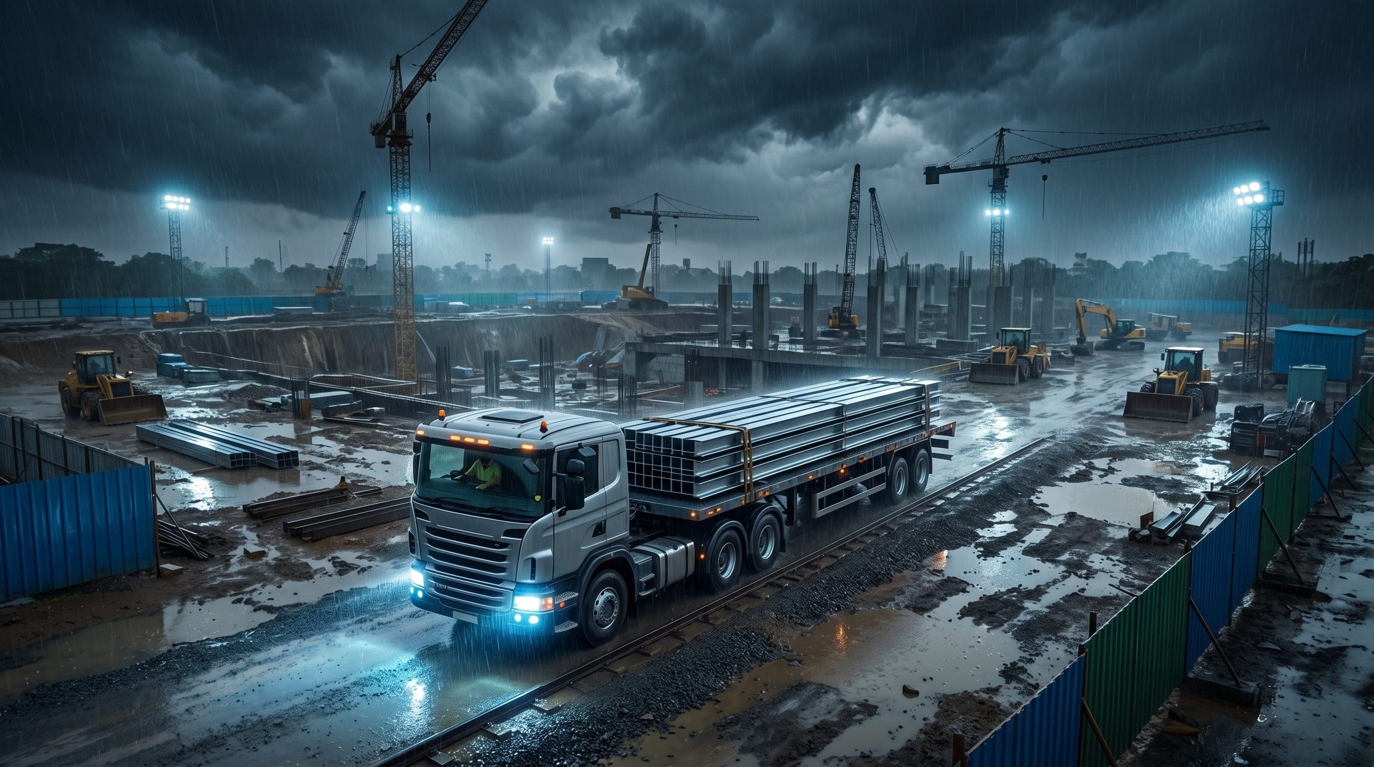 Heavy commercial truck delivering steel beams to a construction site under a dramatic cloudy sky