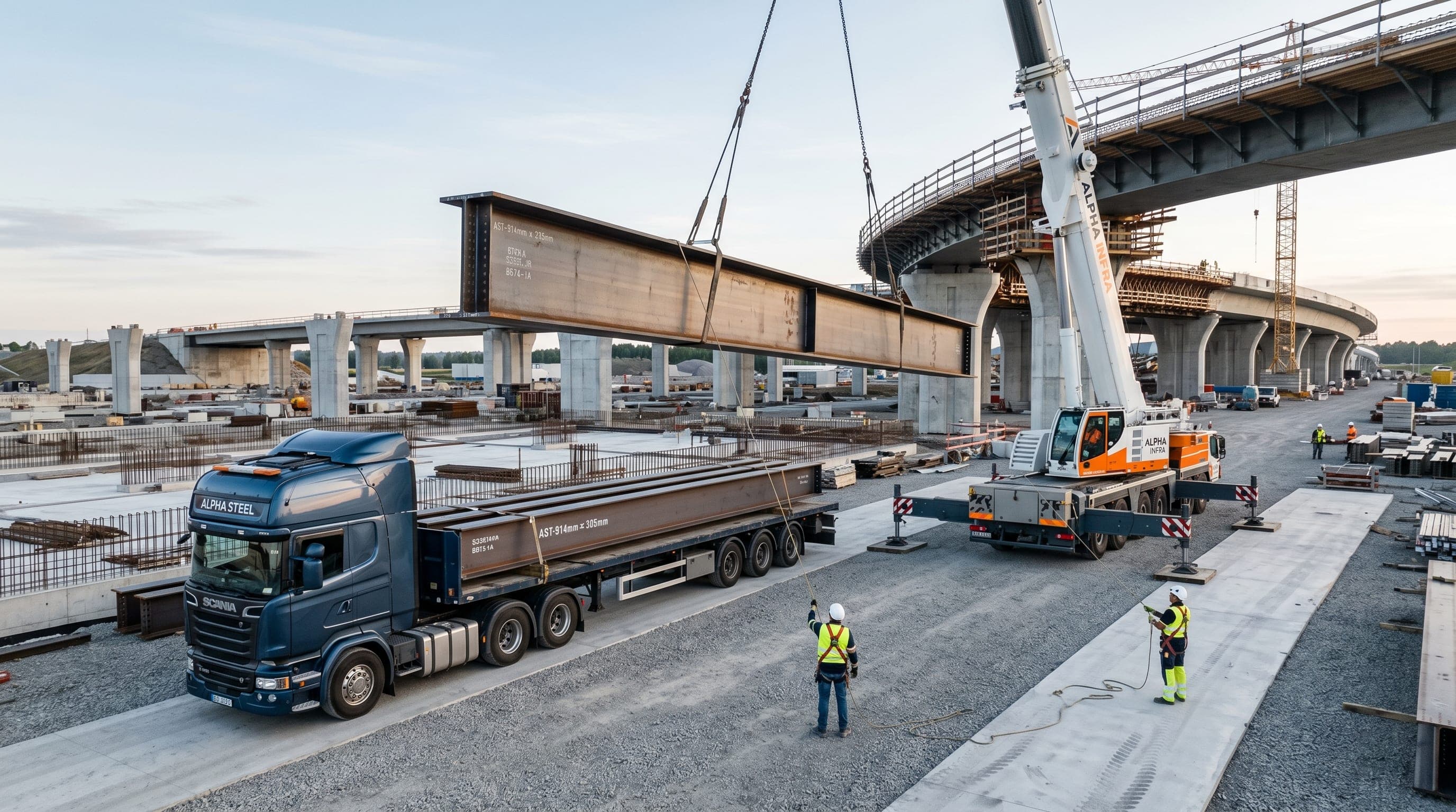 Heavy structural steel beams being unloaded directly at an infrastructure construction site