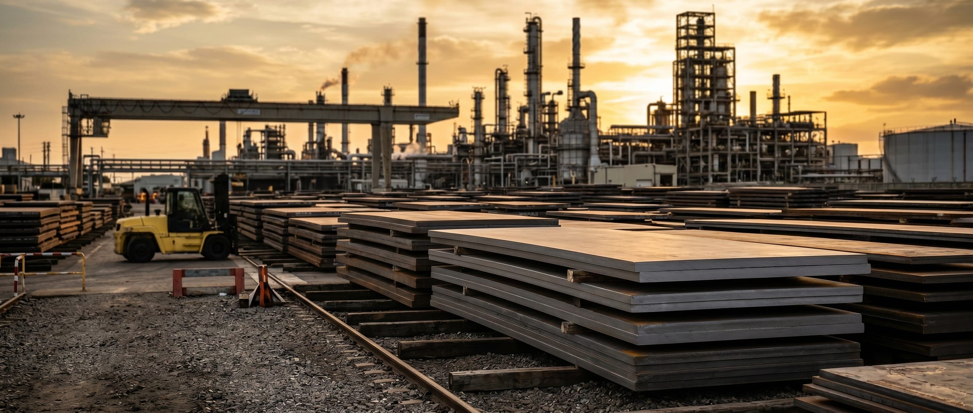 Heavy Boiler Quality (BQ) steel plates stacked for industrial refinery supply