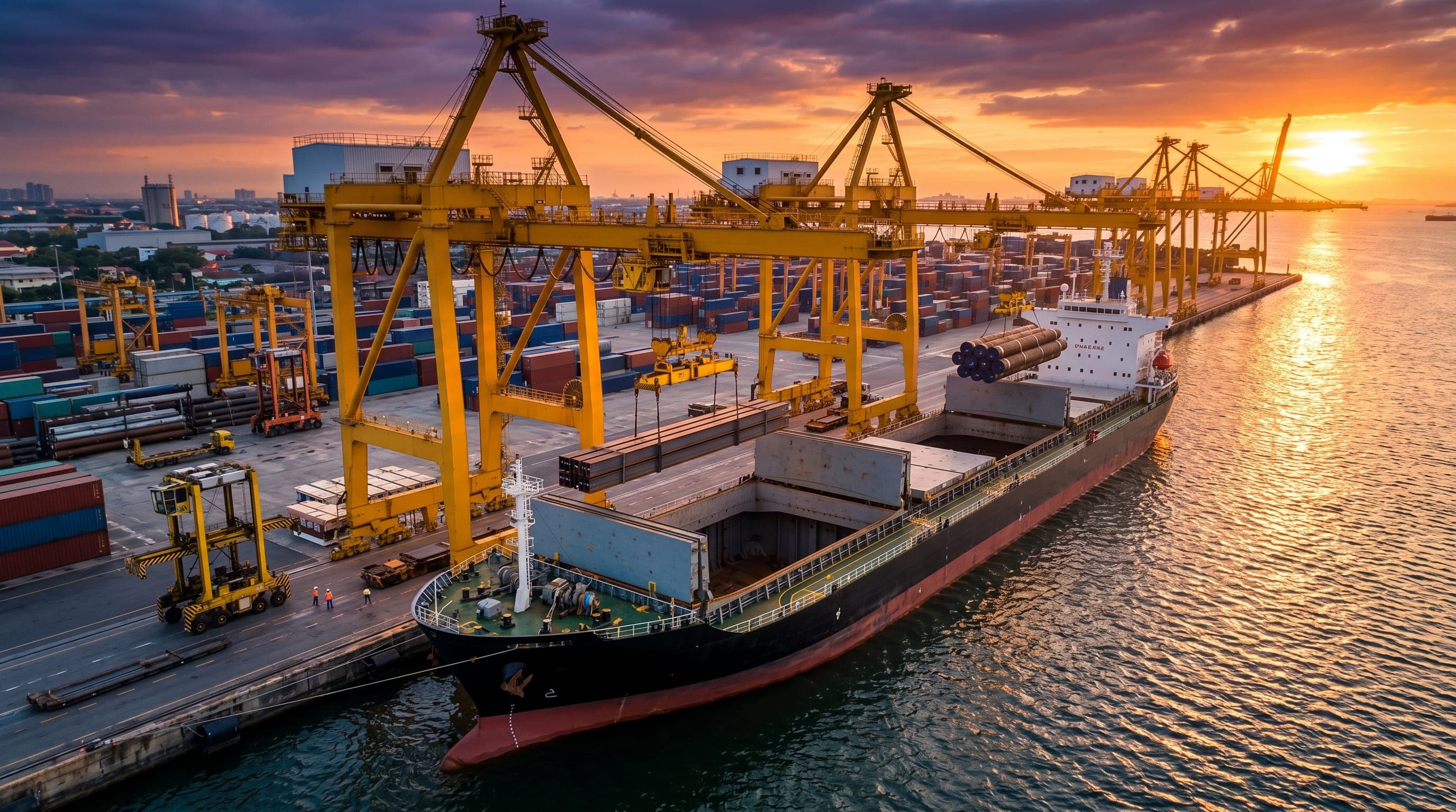 Cargo ship loading heavy structural steel pipes and beams at a port