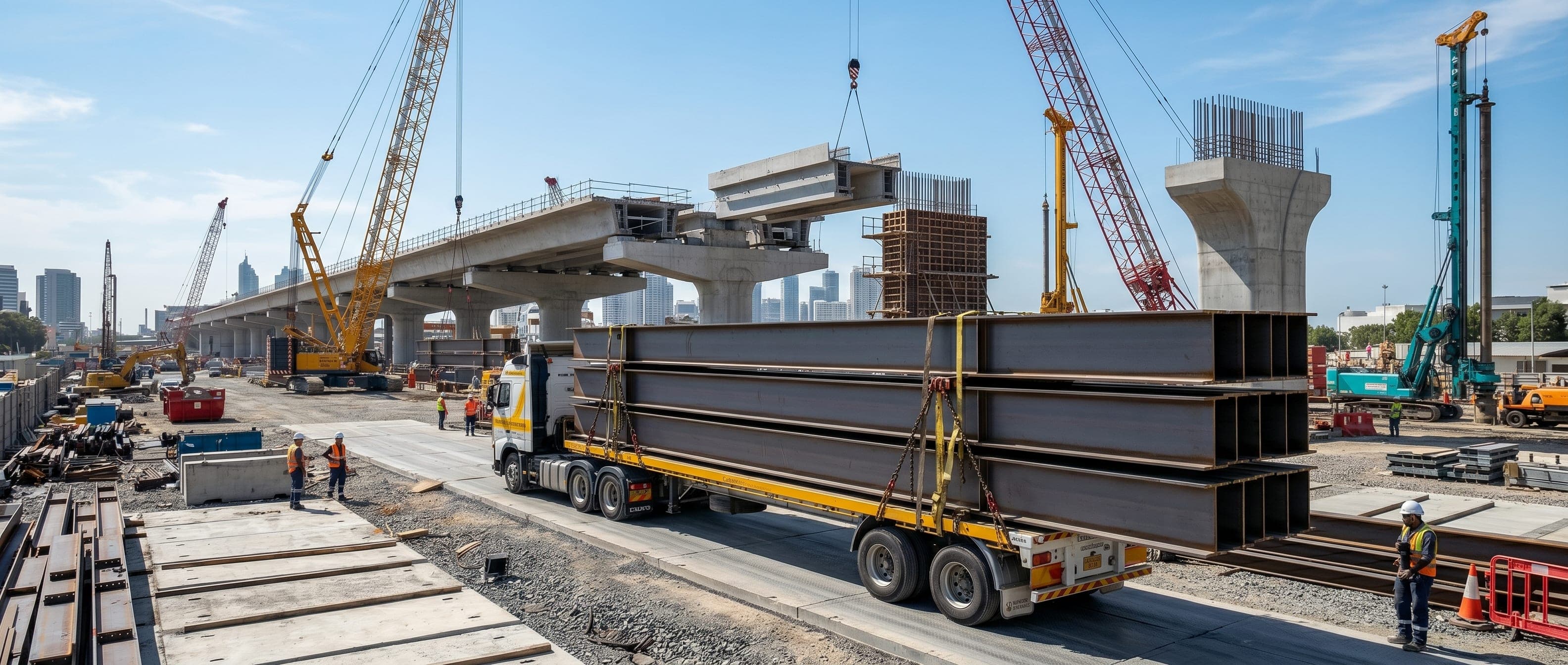 Massive infrastructure construction site receiving direct steel beam delivery