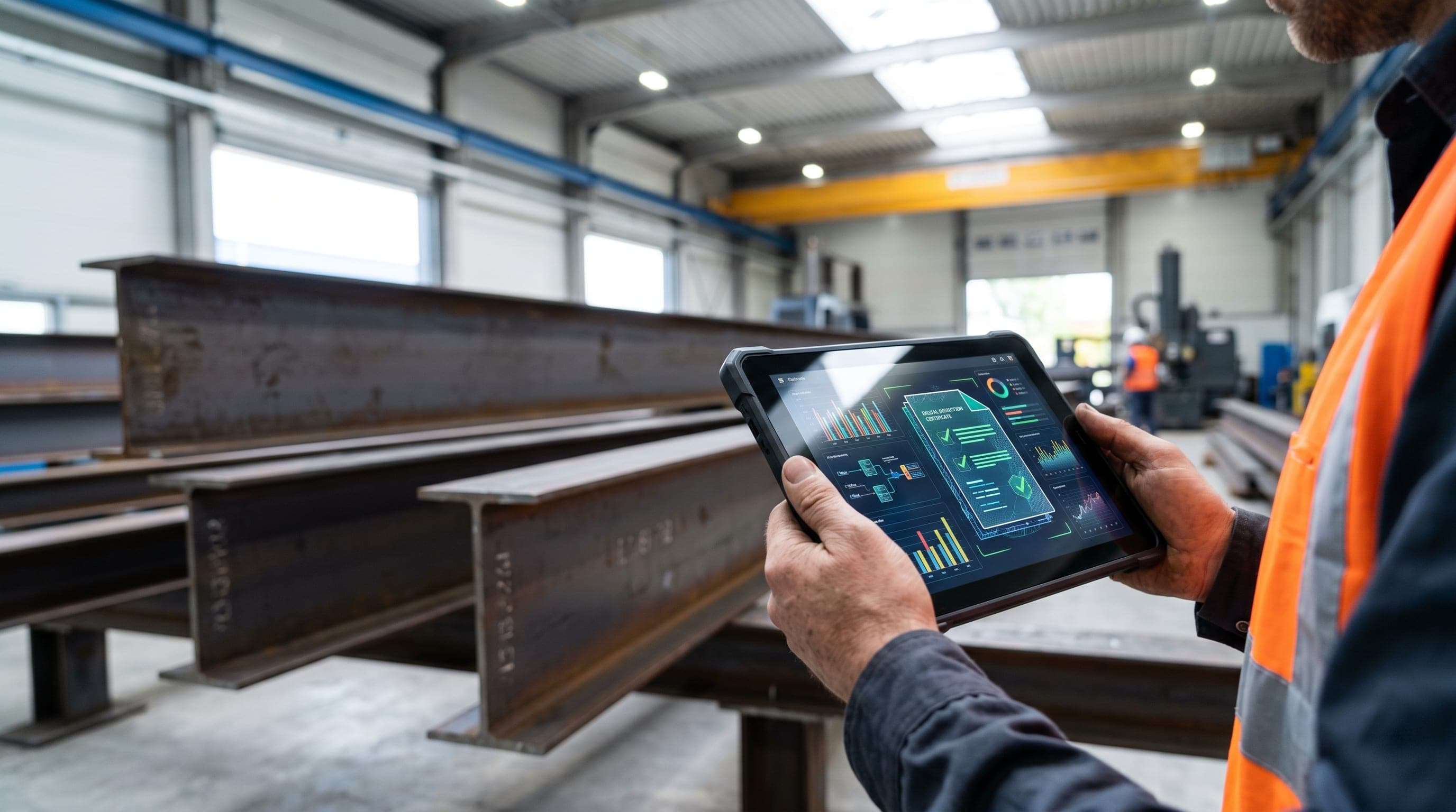 Quality control engineer cross-checking steel beam heat numbers with a digital MTC on a tablet
