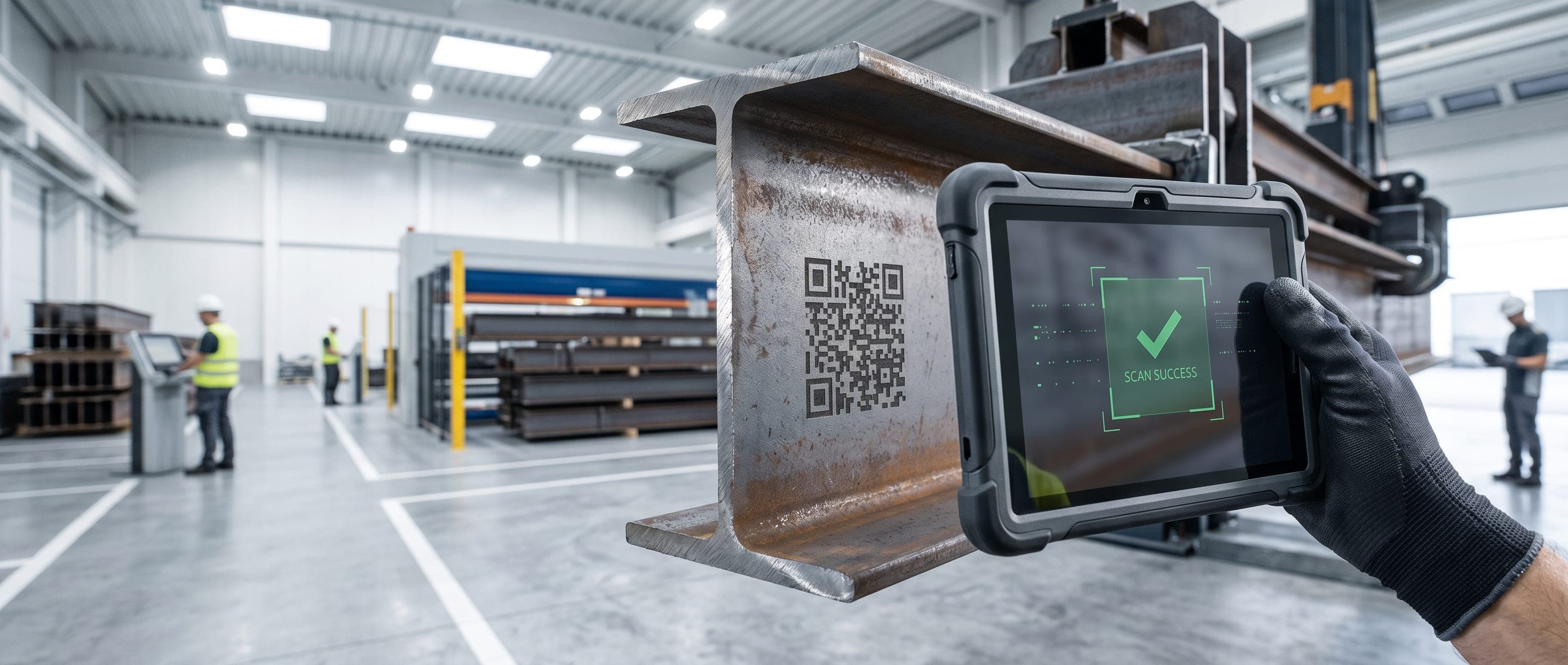 A quality inspector scanning a QR code on a primary steel beam to verify the digital Mill Test Certificate
