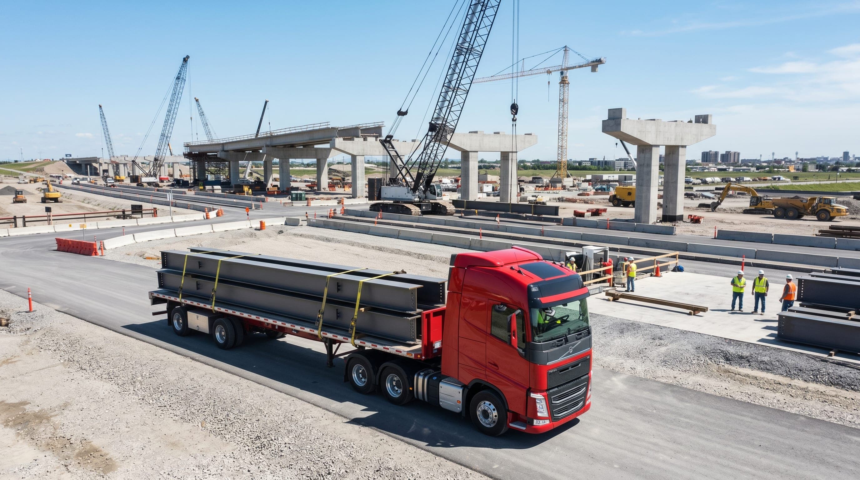 A massive infrastructure site receiving structural steel directly from a primary mill flatbed truck