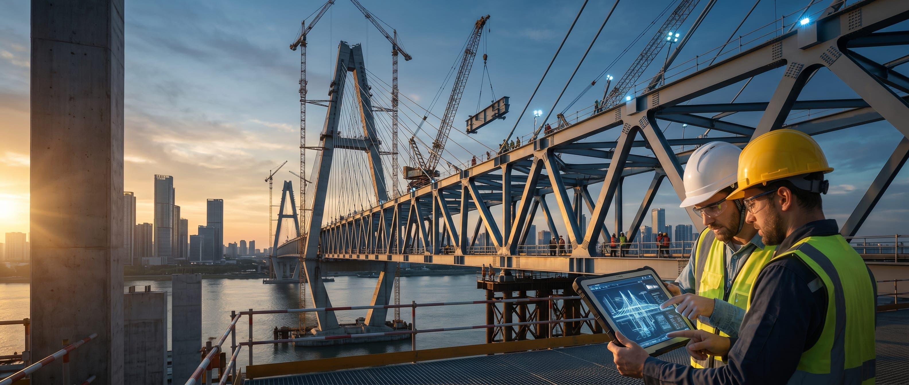 Engineers reviewing blueprints against the backdrop of a massive high-tensile steel bridge construction