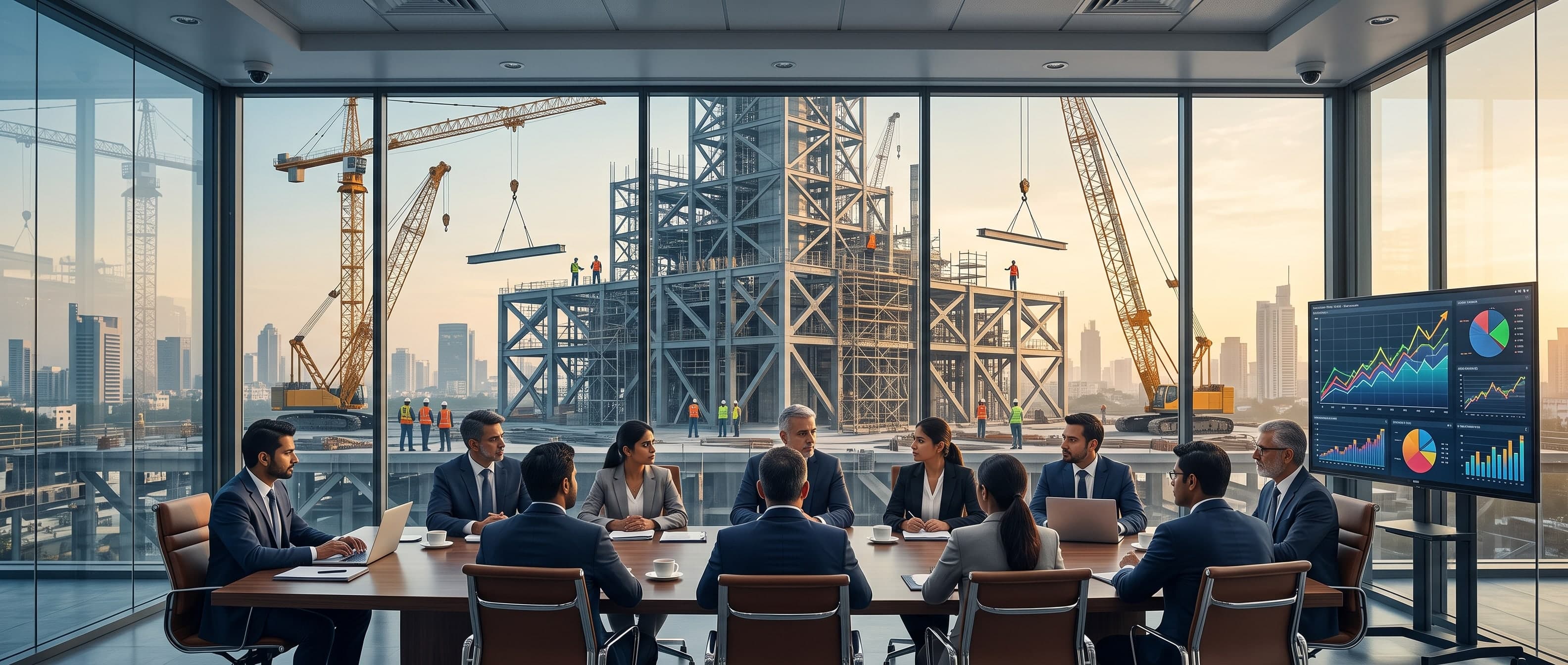 A corporate boardroom discussion overlooking a massive steel construction site
