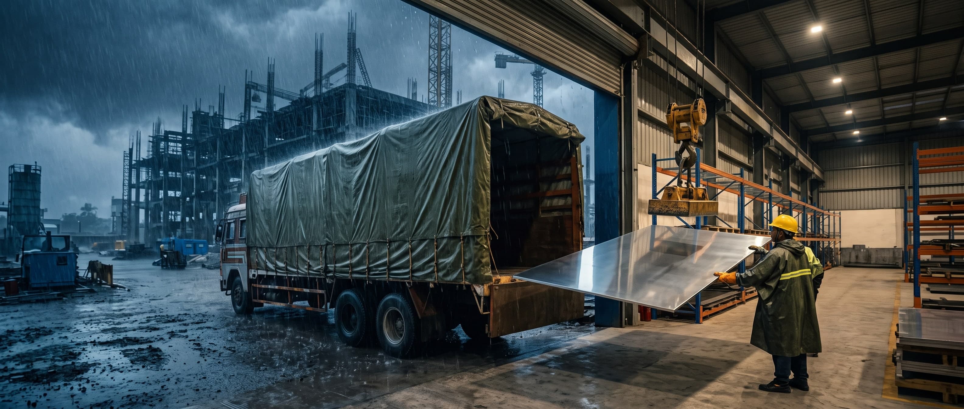 Heavy steel plates being unloaded from a covered truck at an infrastructure site during heavy rain