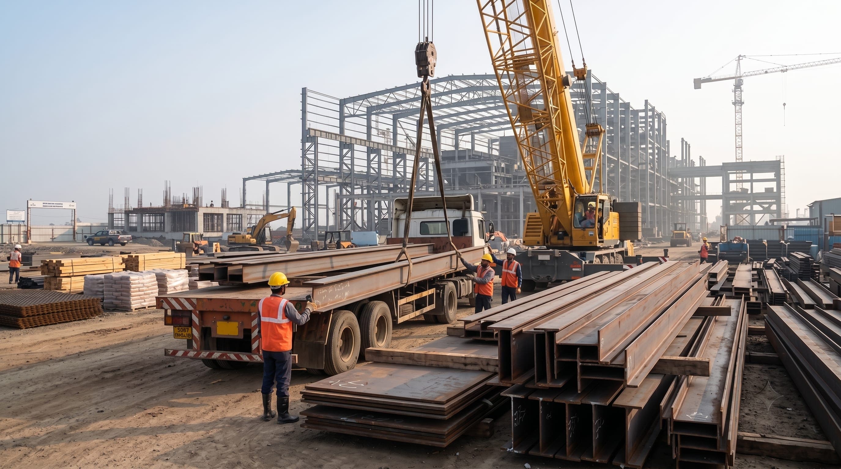 Structural steel being delivered to a large Indian infrastructure project